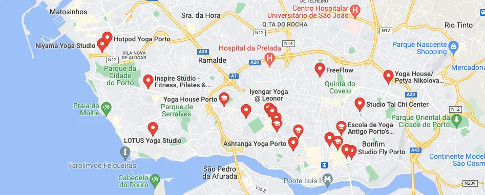 Mappa Scuole di Yoga a Porto in Portogallo