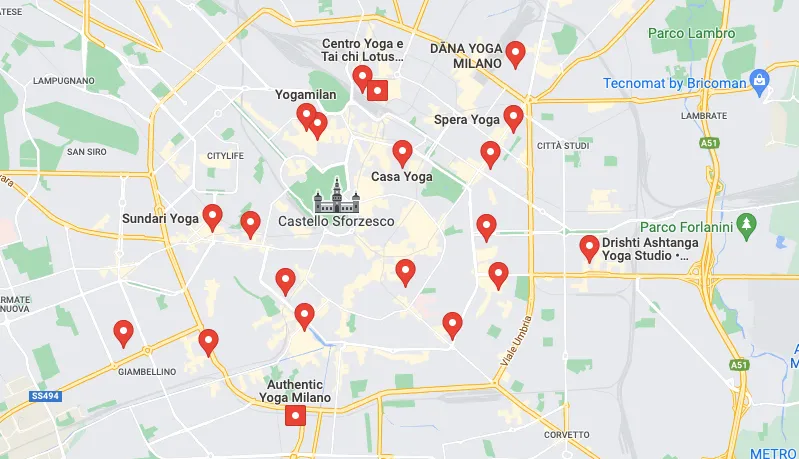 Mappa Scuole Yoga a Milano